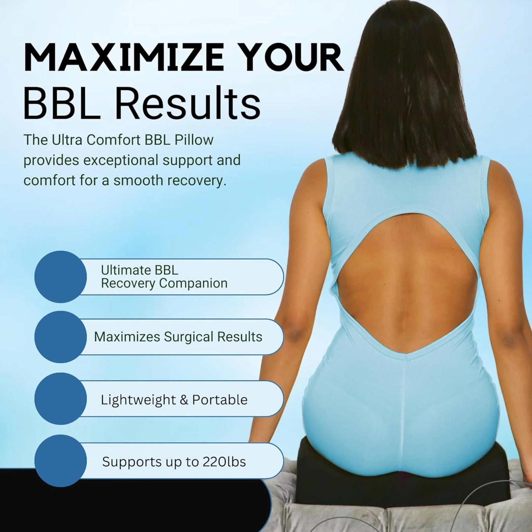 BBL Booty Pillow with Back Support Cushion BBL seat pillow showing removable cover, washable design, and versatile post-surgery support