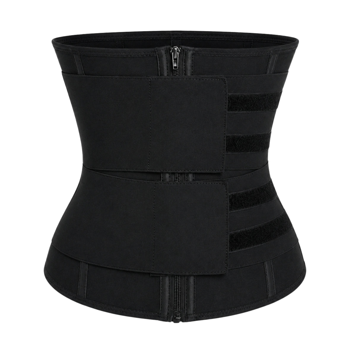Women's steel boned waist trainer with double belt and dual zipper, black tummy control workout girdle