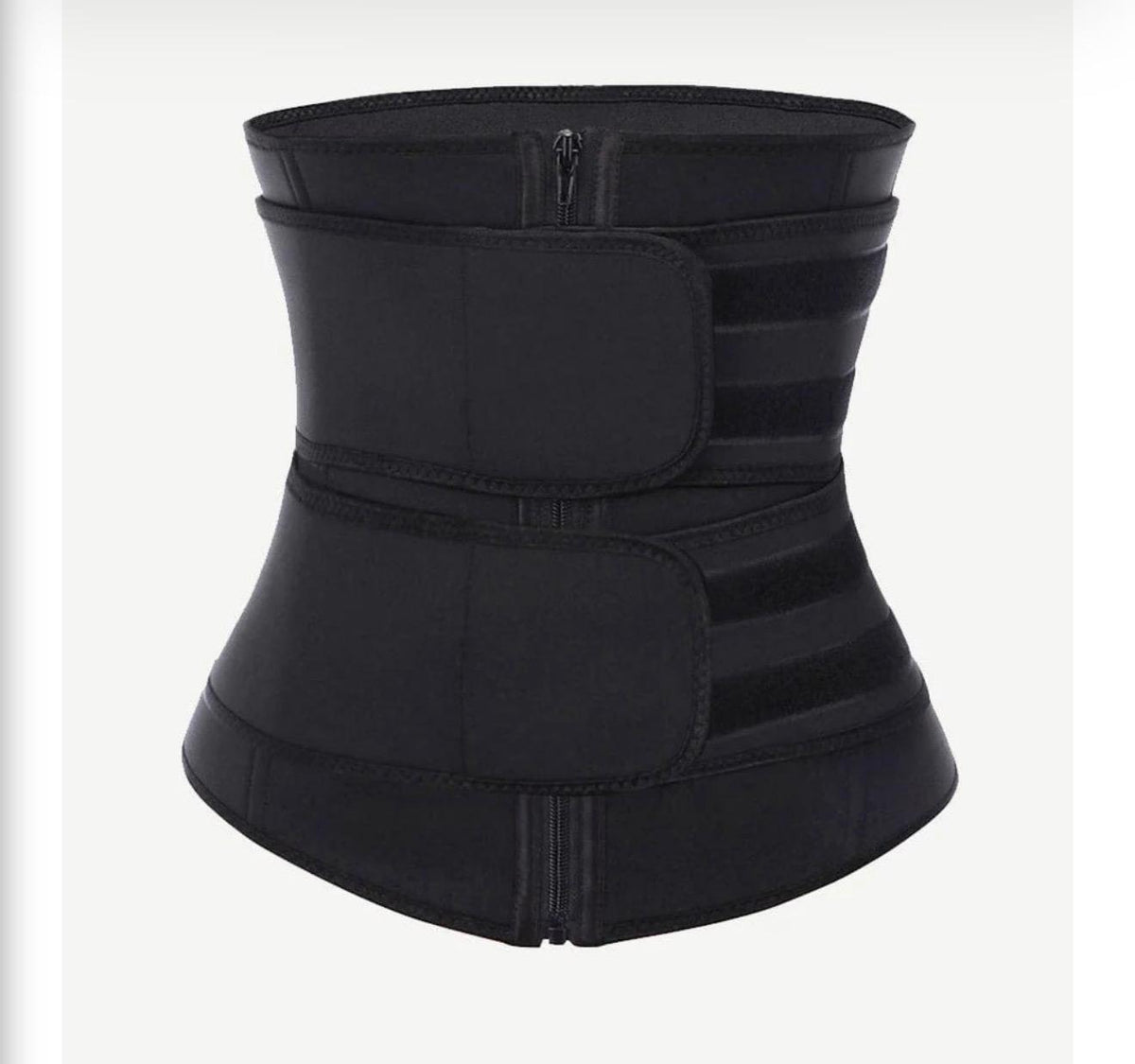Black women's waist trainer sweat belt with double velcro closure and dual zipper, tummy control