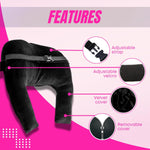 Features infographic – Adjustable Strap, Velcro, Velvet Cover, Removable Cover callouts. bbl back support pillow