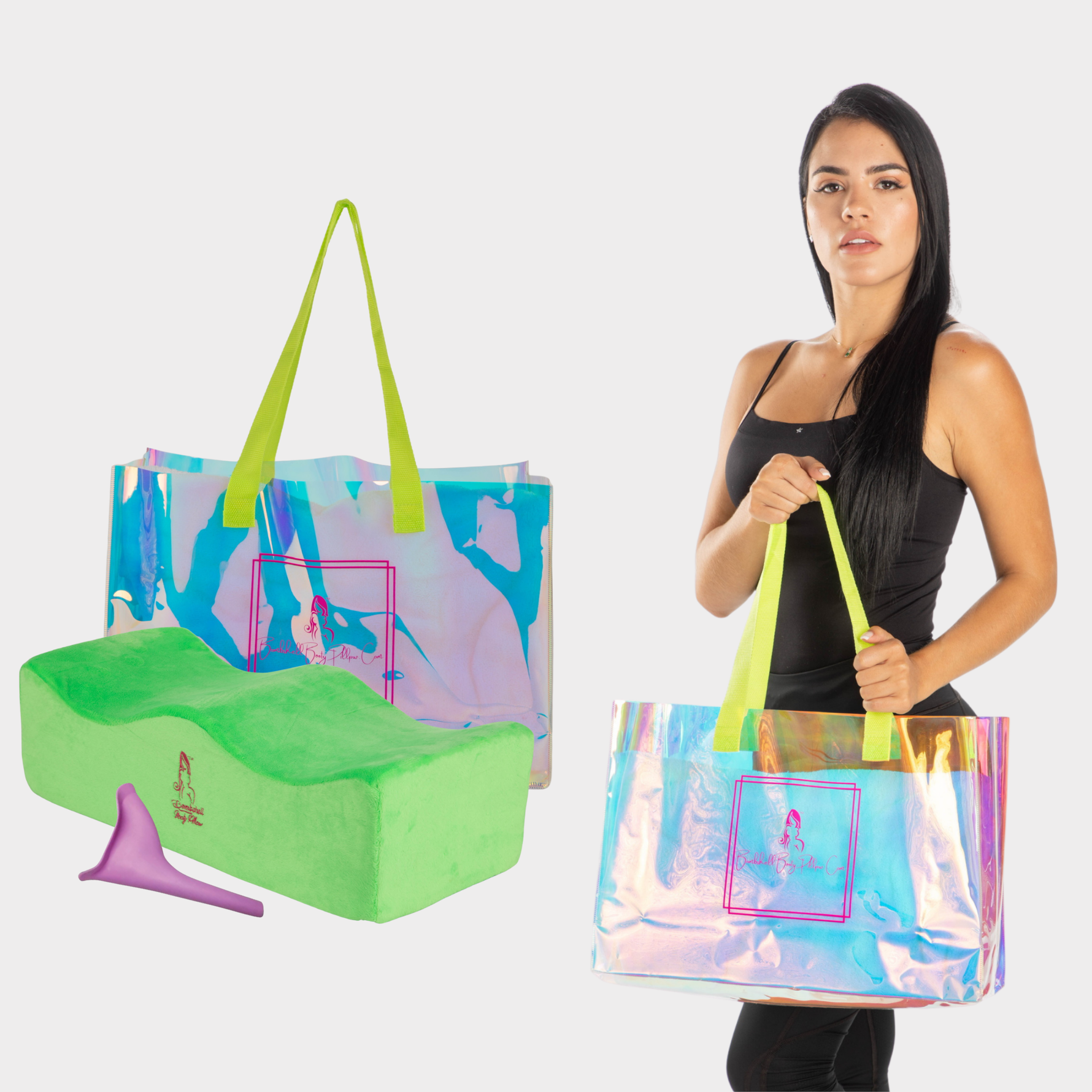 Neon green BBL pillow with tote bag and urinal - Bombshell Booty Pillow