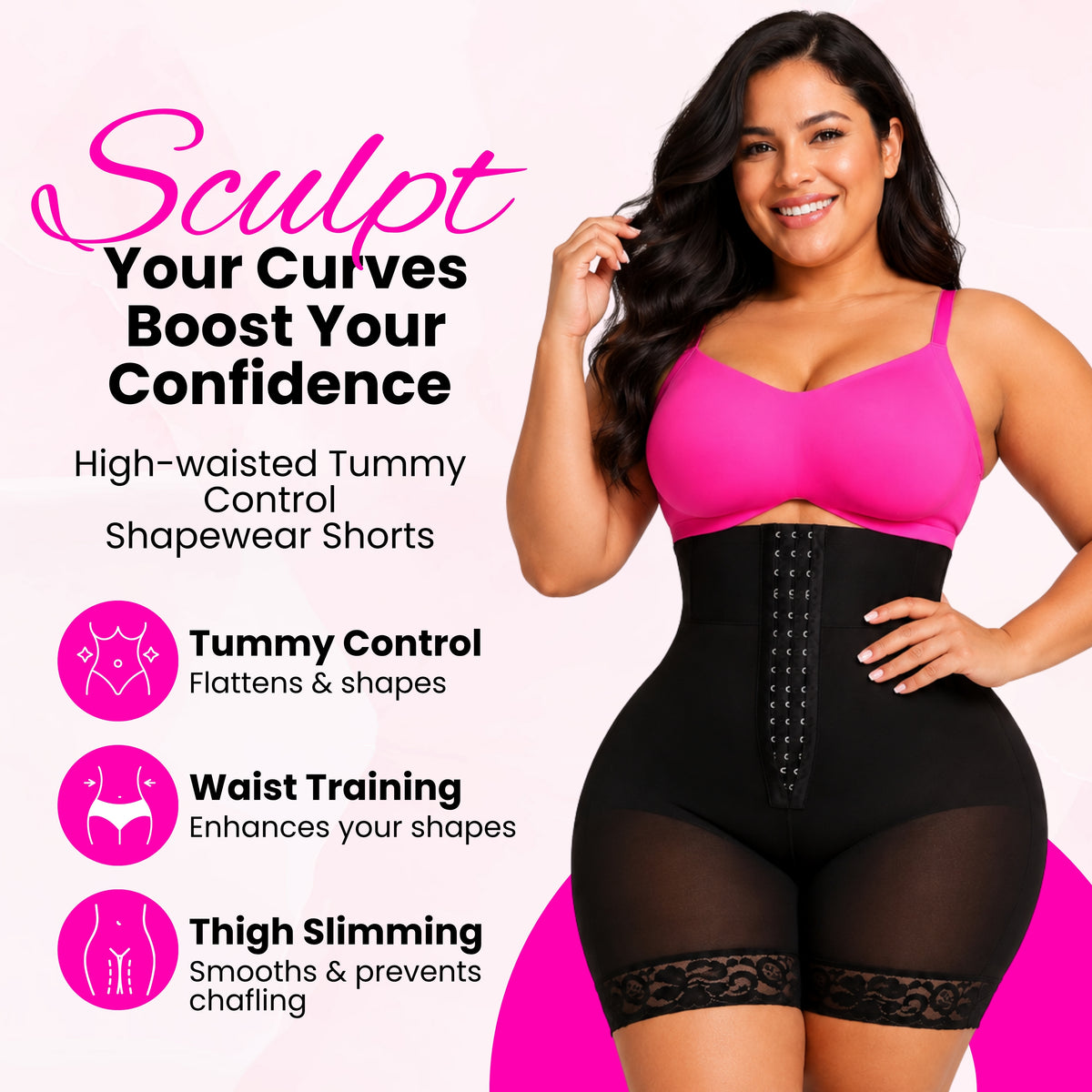 Women's high waist butt lifter shapewear shorts available in beige and black with lace trim and hook closure