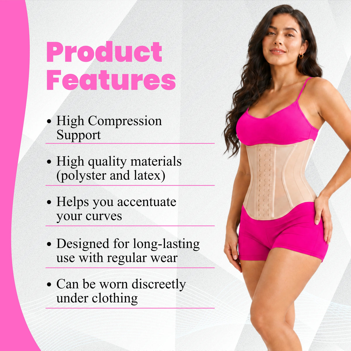 Women's waist trainer corset faja product features – high compression, polyester and latex, body shaper worn under clothing